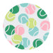 Round fabric patch with colorful tennis ball pattern on a white background