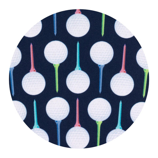 Pattern of golf balls and tees on a dark blue background