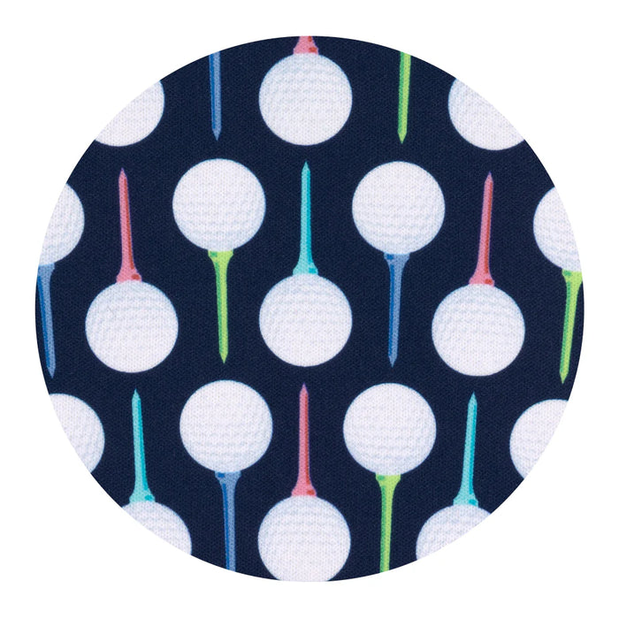 Pattern of golf balls and tees on a dark blue background