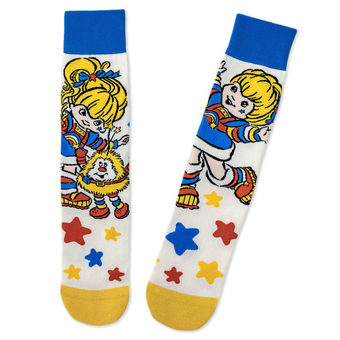 Colorful socks with cartoon character and star patterns on a white background