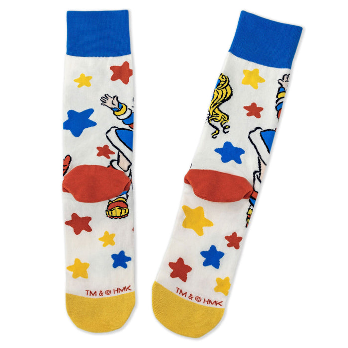 Colorful socks with cartoon character design on a white background