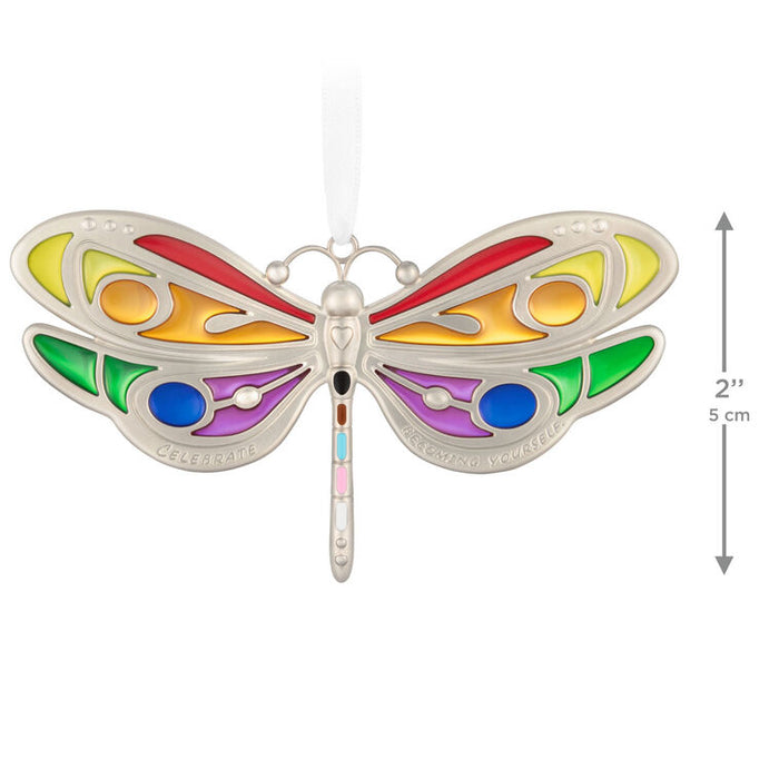Colorful butterfly-shaped ornament with size measurement on a white background