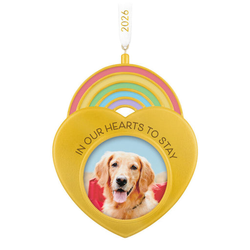 Heart-shaped ornament with a dog photo and 'In Our Hearts to Stay' text on a white background