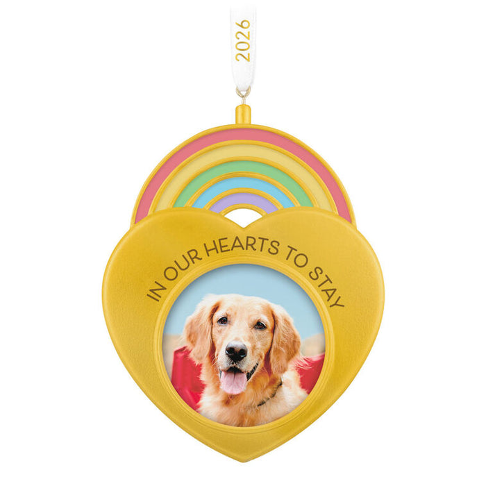 Heart-shaped ornament with a dog photo and 'In Our Hearts to Stay' text on a white background