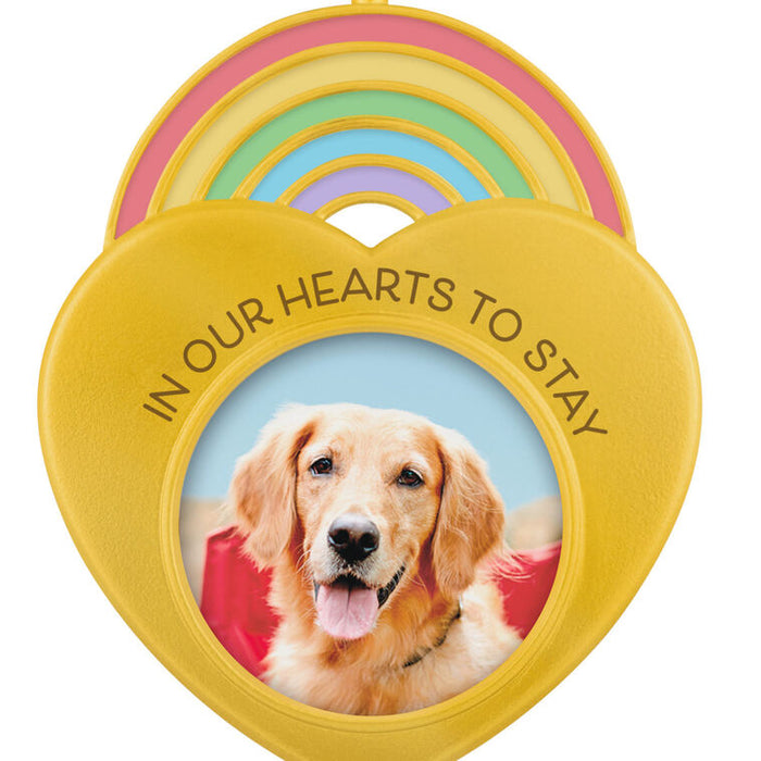 Heart-shaped pet memorial plaque with a dog's photo and 'In Our Hearts to Stay' text on a white background.