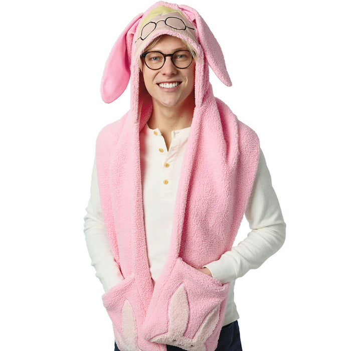 Person wearing a pink bunny costume with a hood on a white background