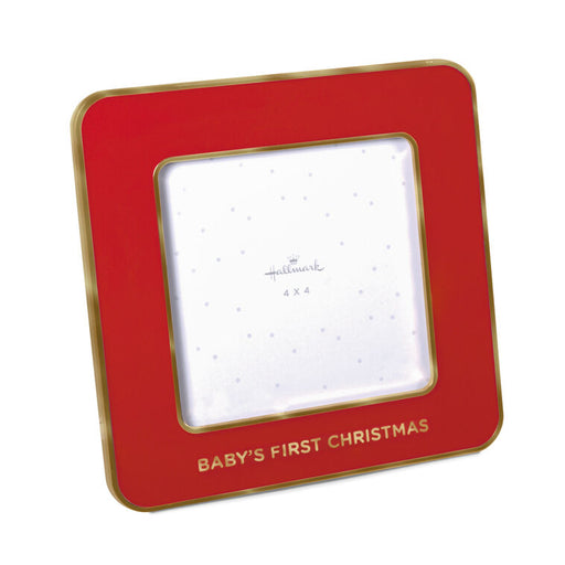 Red and gold photo frame with 'Baby's First Christmas' text on a white background