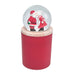 Snow globe with Santa and reindeer design on a red cylindrical stand with wooden top.