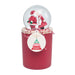Red candle with a snow globe featuring Santa Claus on top, against a white background