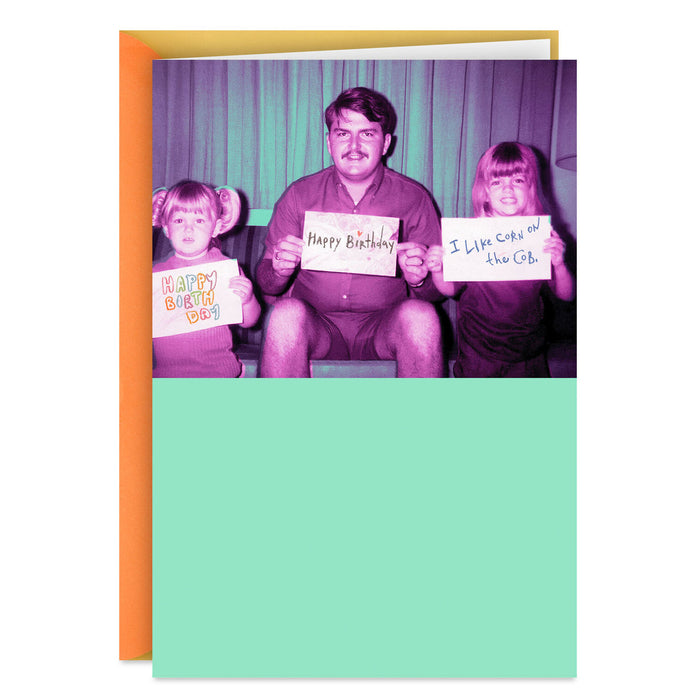 Card with a family holding birthday signs against a colorful border