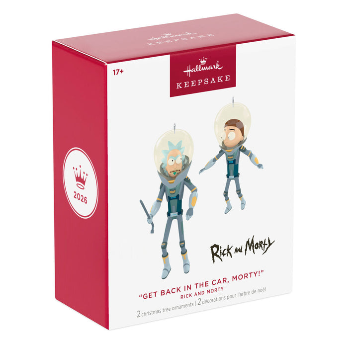Rick and Morty Christmas ornament set in packaging with Hallmark logo