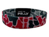 Wristband with red and black pattern and 'Tap to Pray' text on a white background