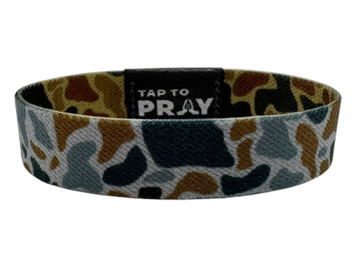 Camouflage-patterned wristband with 'Tap to Pray' label on a white background