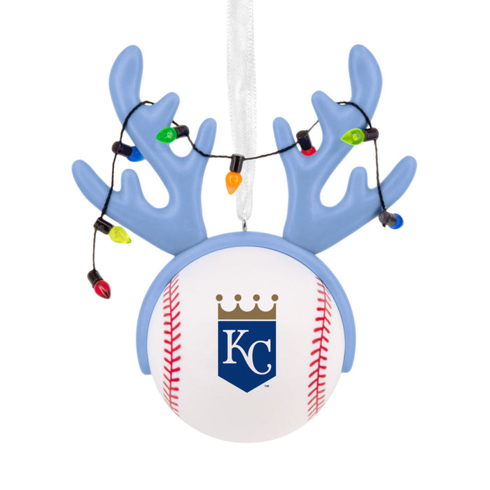 Decorative ornament with blue antlers and a baseball, featuring the 'KC' logo, on a white background.
