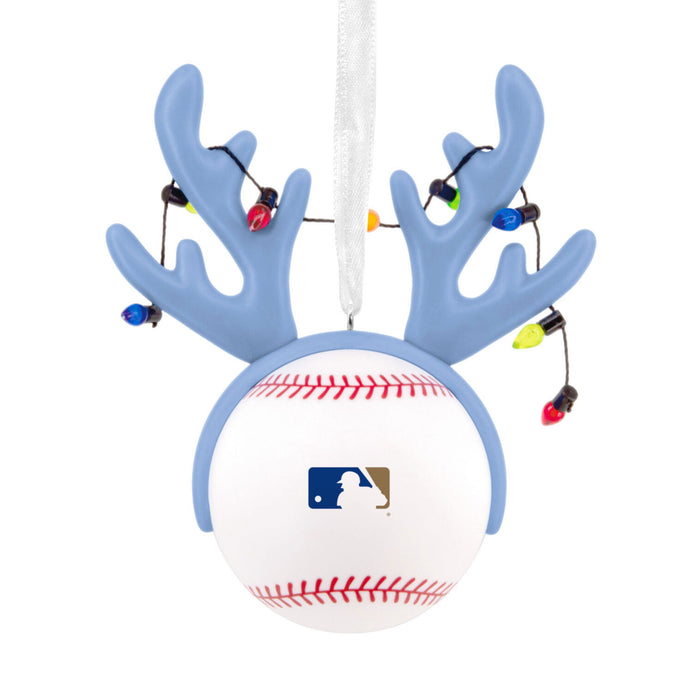 Decorative ornament with blue antlers and a baseball, featuring the MLB logo, on a white background.