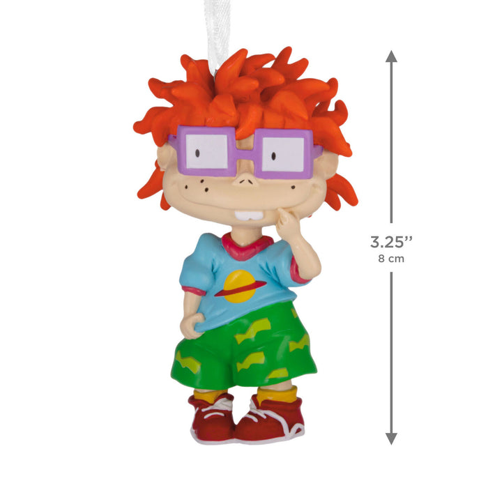 A hanging character ornament of a cartoon boy with bright orange hair, purple glasses, a blue shirt, and green shorts, shown on a white background with a height measurement marker.