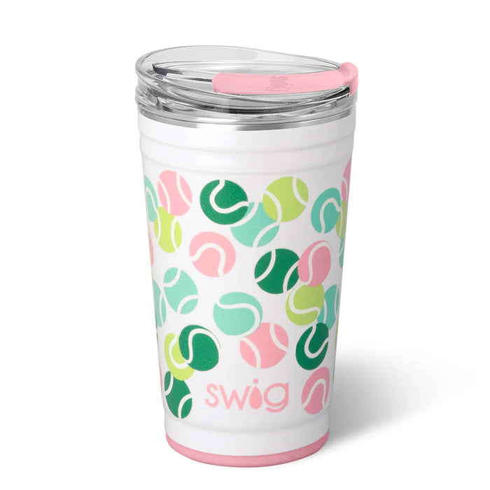 Swig tumbler with tennis ball pattern on a white background
