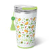 Clear tumbler with green lid and colorful pattern on a white background