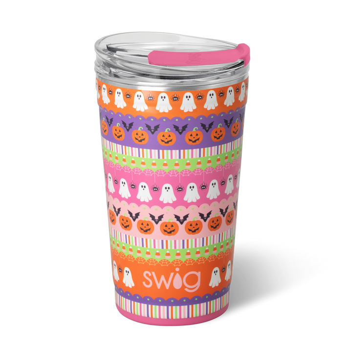 Colorful Swig tumbler with Halloween-themed design on a white background
