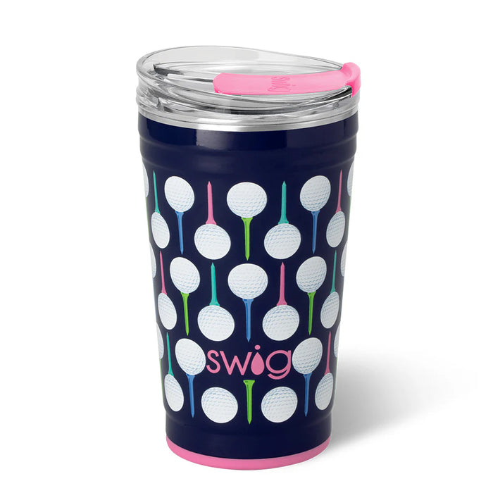 Navy tumbler with golf tee pattern and pink lid on a white background