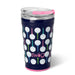 Navy tumbler with golf tee pattern and pink lid on a white background