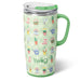 Green travel mug with gardening-themed pattern and 'swig' branding on a white background