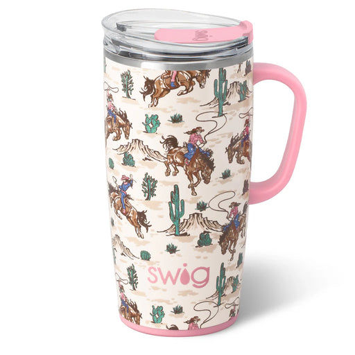 Travel mug with cowboy pattern and pink handle on a white background