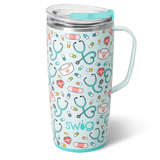 Swig mug with medical-themed design on a white background