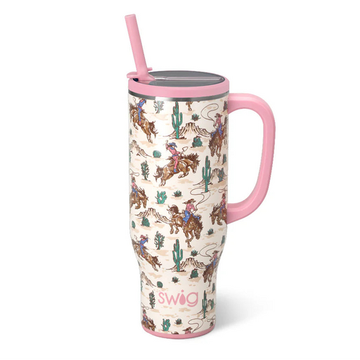 Tumbler with cowboy design and pink handle on a white background