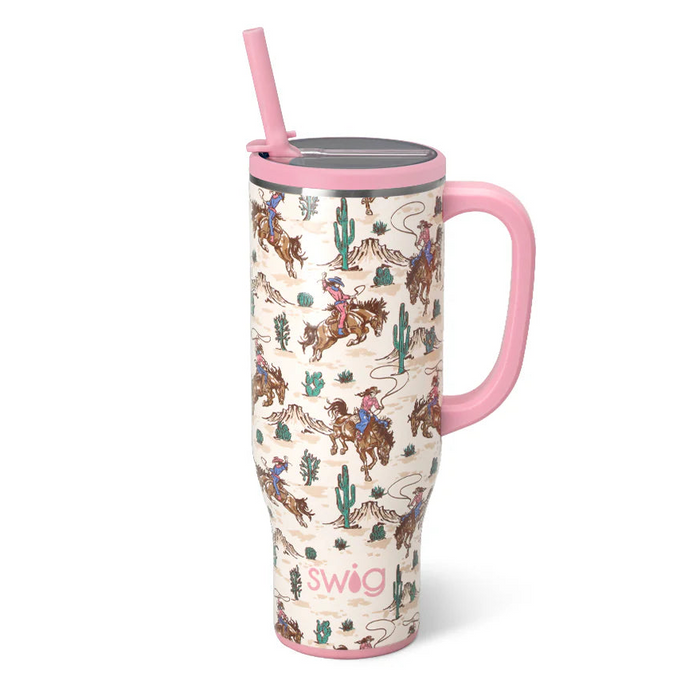 Tumbler with cowboy design and pink handle on a white background
