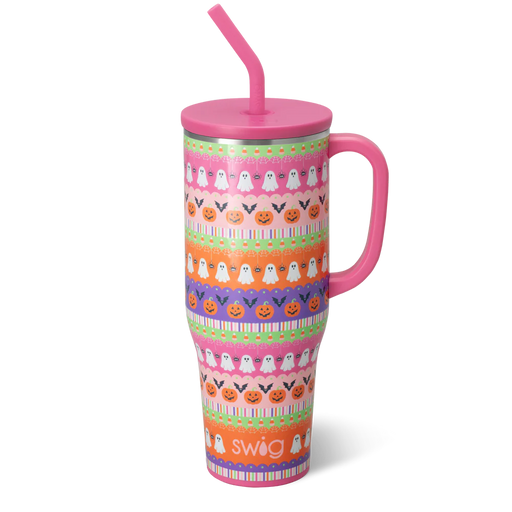 Colorful Halloween-patterned tumbler with pink handle and straw on a white background
