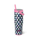 Tumbler with polka dot design and pink straw on a white background