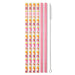 Set of colorful straws with a pattern and a pink straw with cleaning brush on a white background