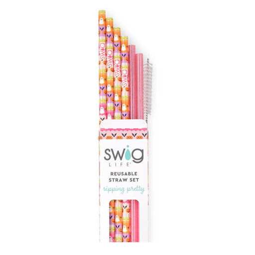 Packaged set of Swig Life reusable straws with colorful designs on a white background