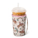 Tumbler with cowboy design and pink sleeve on a white background