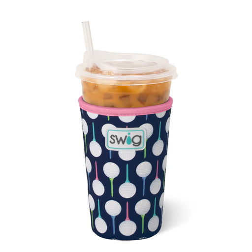 Swig tumbler with polka dot sleeve on a white background