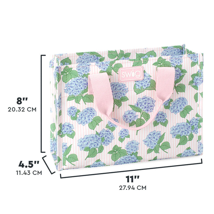 Floral-patterned bag with dimensions labeled on a white background