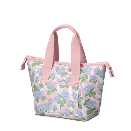 Floral-patterned tote bag with pink handles on a white background