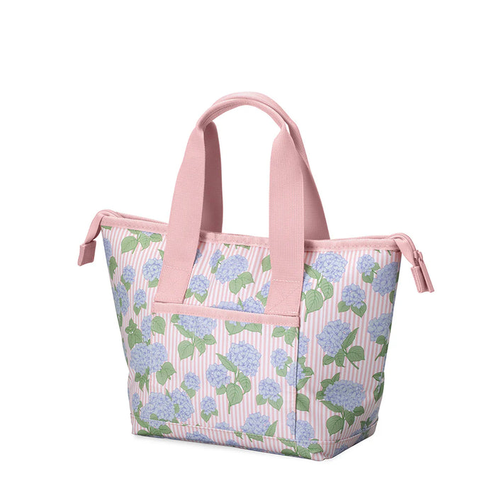 Floral-patterned tote bag with pink handles on a white background