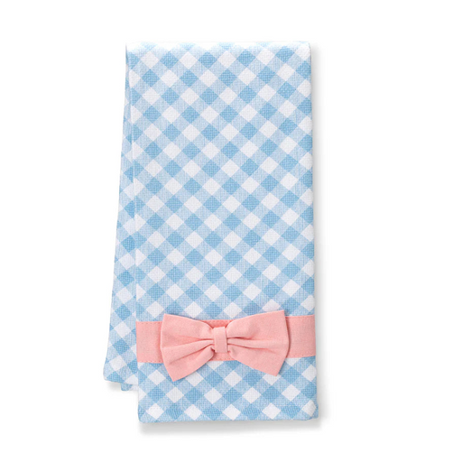 Blue and white checkered towel with a pink bow on a white background