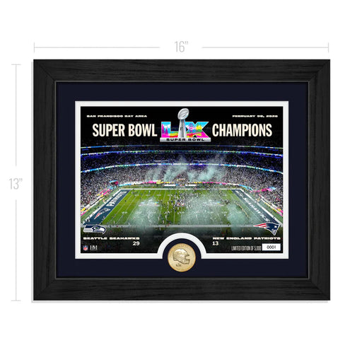 Framed Super Bowl LIX Champions photo with stadium image and coin, featuring Seattle Seahawks and New England Patriots.