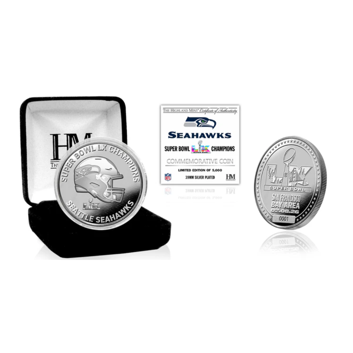 Silver commemorative coin for Super Bowl LX Champions Seattle Seahawks with packaging and display stand.