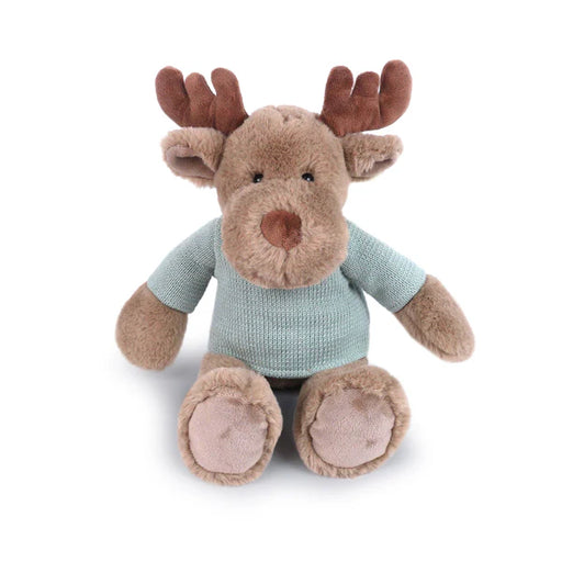 Plush moose toy wearing a light blue sweater on a white background
