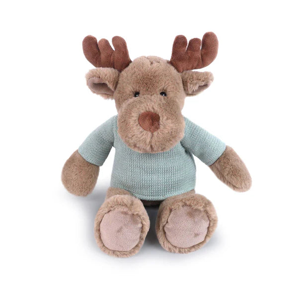 Plush moose toy wearing a light blue sweater on a white background