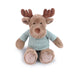Plush moose toy wearing a light blue sweater on a white background