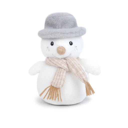 Stuffed snowman toy with a gray hat and beige scarf on a white background