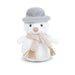 Stuffed snowman toy with a gray hat and beige scarf on a white background