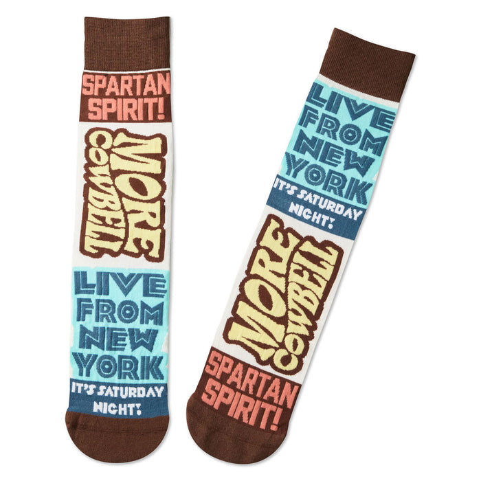 Two socks with colorful text and designs on a white background