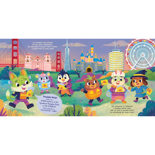 A colorful illustrated poster or print showing cartoon animal characters in front of landmarks and a castle, with text panels and a large circular graphic on the right.