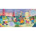 A colorful illustrated poster or print showing cartoon animal characters in front of landmarks and a castle, with text panels and a large circular graphic on the right.